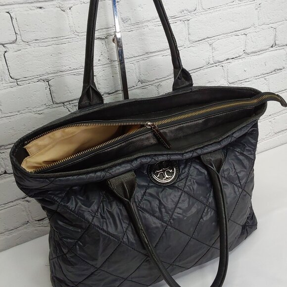 TORY BURCH TOTE BAG LEATHER & NYLON NAVY BLUE DOUBLE SHOULDER STRAPS - Picture 6 of 14